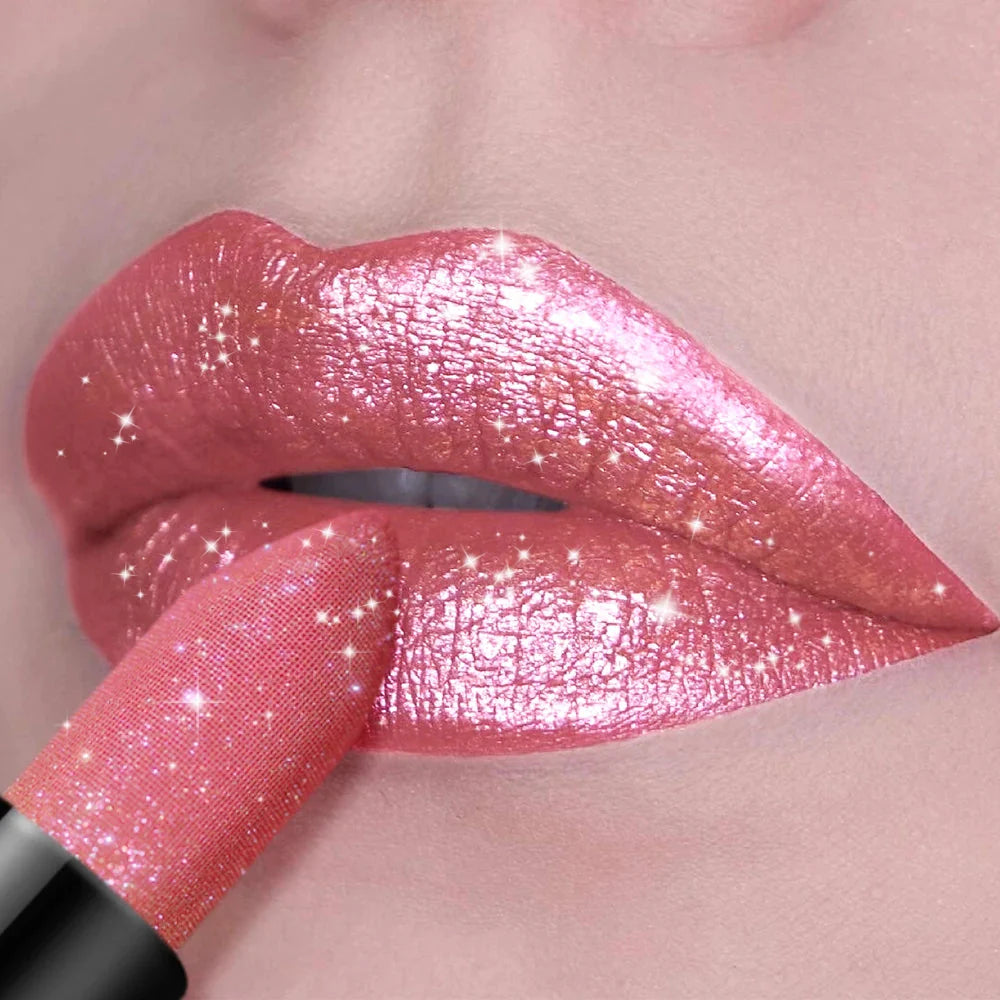 1 PC Glitter Lipstick, a pressable pearlescent lipstick, is very shiny like crushed diamond particles, smooth and long-lasting, Aurora Glow Avenue