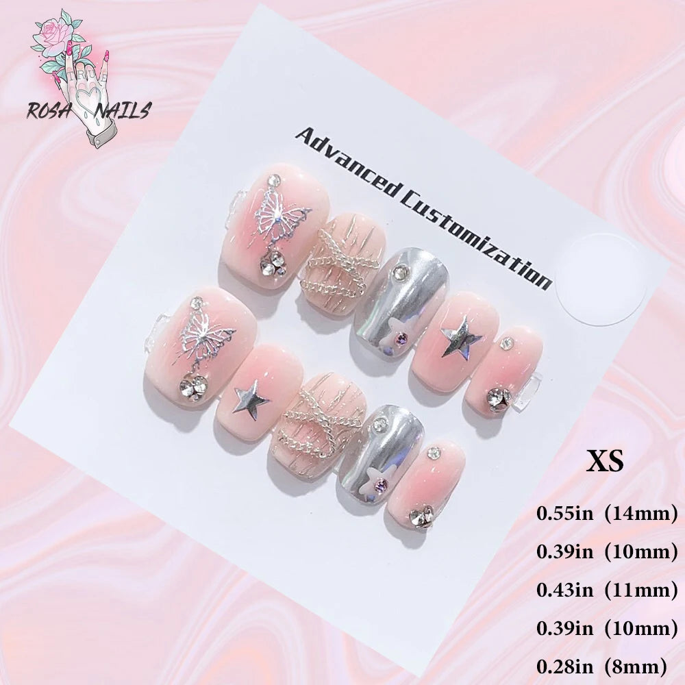 Silver Star Fake Nail Pressons Short Square Clear Rhinestones Punk Tip Saturn Stars False Tips Presson Y2k Black Press on Nails XS (No.24404)