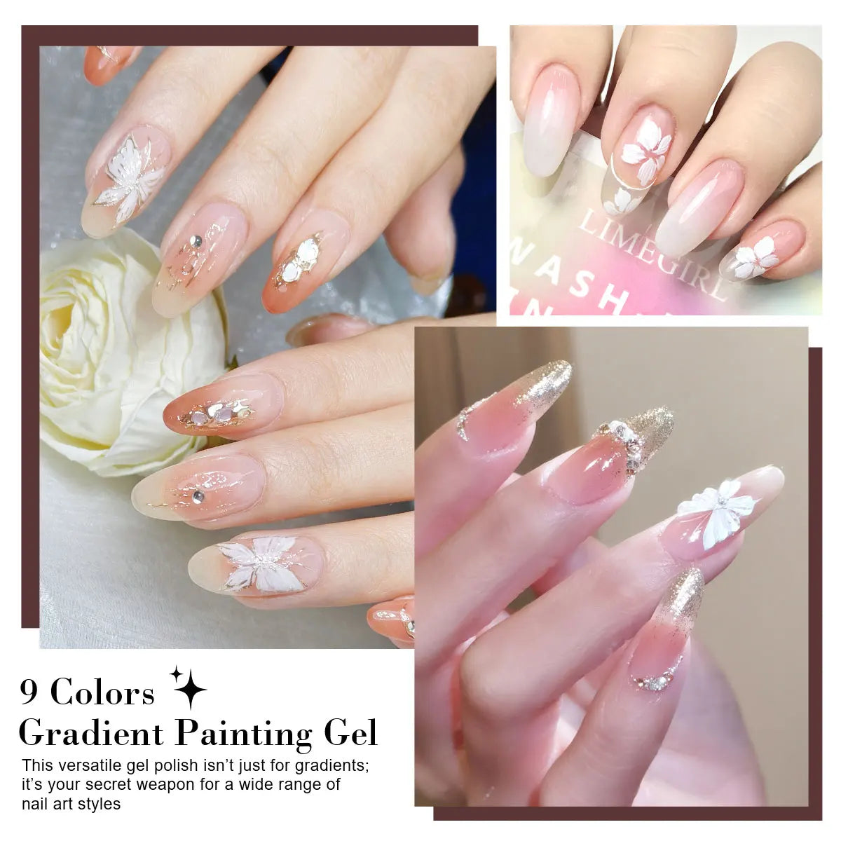 LIMEGIRL 9 Color Gradient Painting Gel Nail Art Gradient Color DIY Design Gel Quick Flower Paint Engraving Gel Nail Polish - 