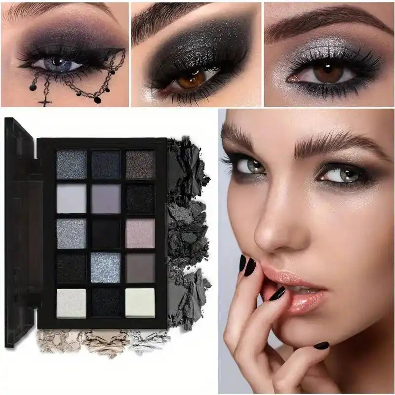 Black Smokey Eyeshadow Palette, 15 Colors ,Punk Style,Neutral Eye  Make up, Shimmer Pearly Sequin Eyeshadow Aurora Glow Av...