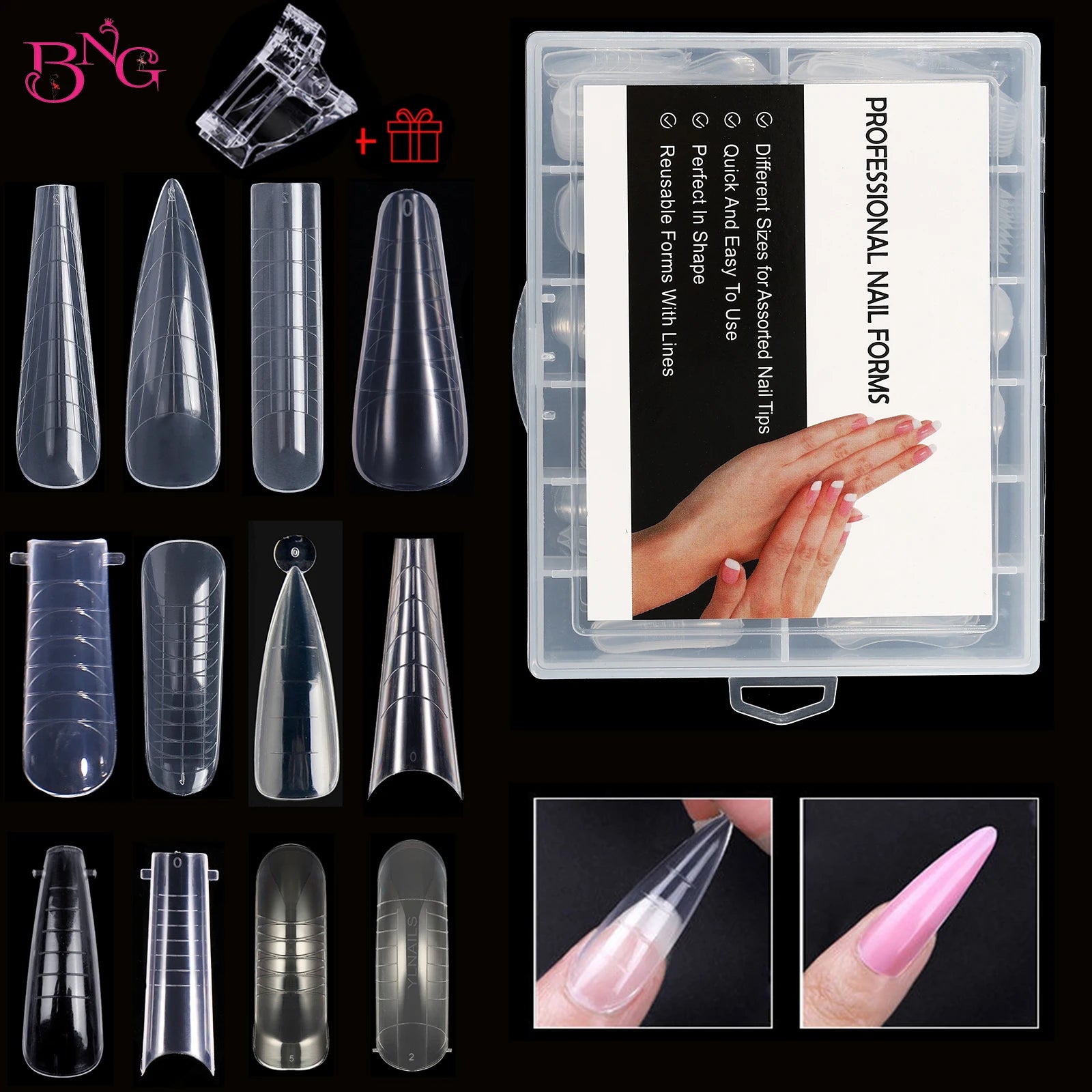 NEW Stiletto Coffin Clear Dual Forms False Tips Quick Building Gel Mold Nail System Full Cover Nail Extension Forms Top - 