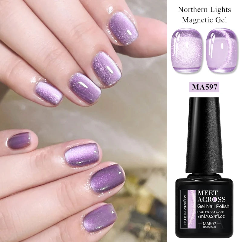 MEET ACROSS 7ml Porcelain White Cat Eye Gel Polish Holographic Glitter Magnetic Galactic Effect Gel Nail Polish Soak Off U...