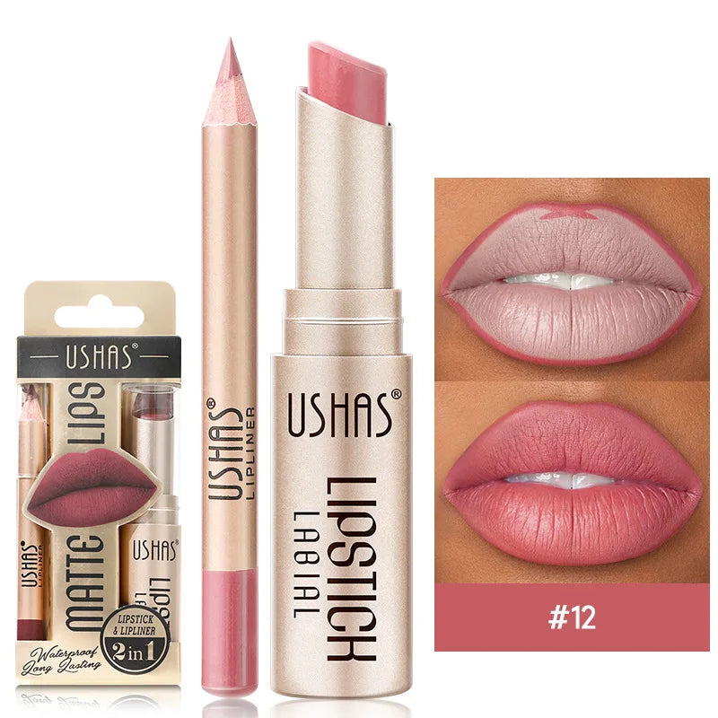 USHAS 12 Color Lip Liner + LIPSTICK Set Easy Coloring Matte Lipstick Long lasting nude red lipstick CZ0246-12