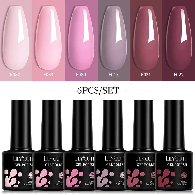 LILYCUTE 6Pcs/Set 7ML Gel DIY Nail Polish Bright Pink Semi Permanent Soak Off UV LED Gel Varnish Nail Art Design Manicure ...