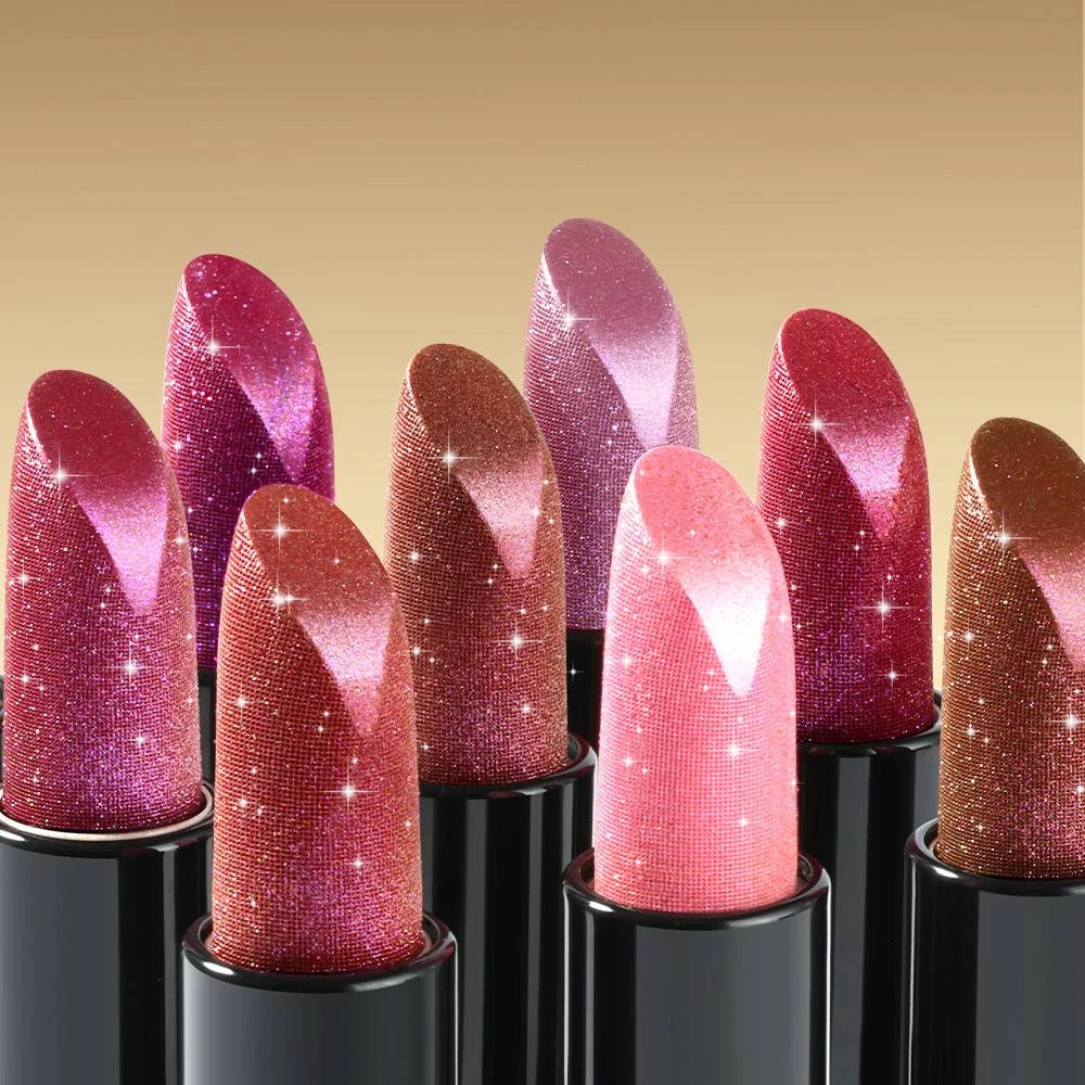 1 PC Glitter Lipstick, a pressable pearlescent lipstick, is very shiny like crushed diamond particles, smooth and long-lasting, Aurora Glow Avenue
