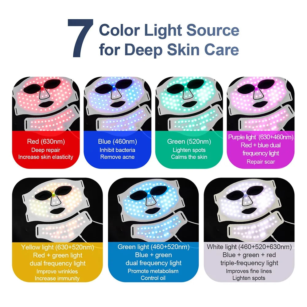 Silicone LED Mask Face With Neck 7 Colors LED Photon Red Light Infrared Therapy Flexible Facial Mask Repair Skin Wireless ...