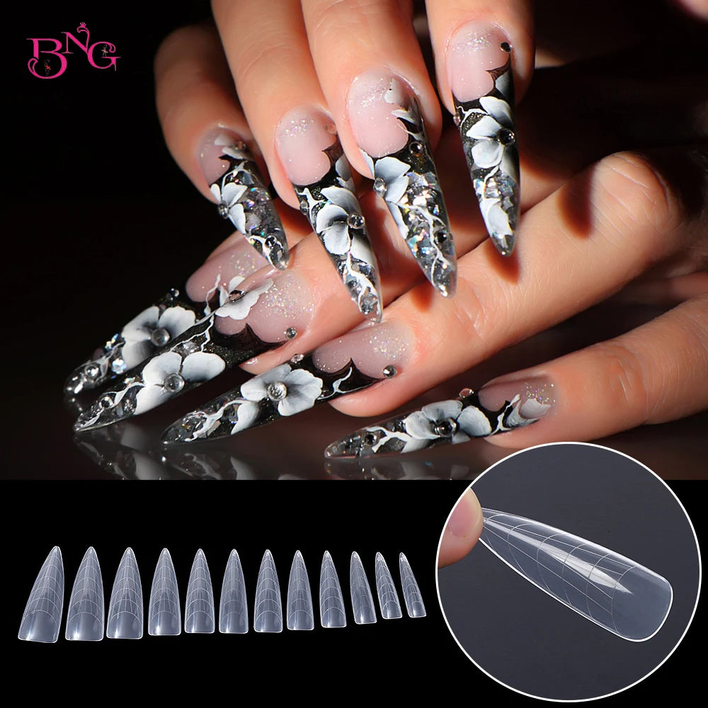 NEW Stiletto Coffin Clear Dual Forms False Tips Quick Building Gel Mold Nail System Full Cover Nail Extension Forms Top - 