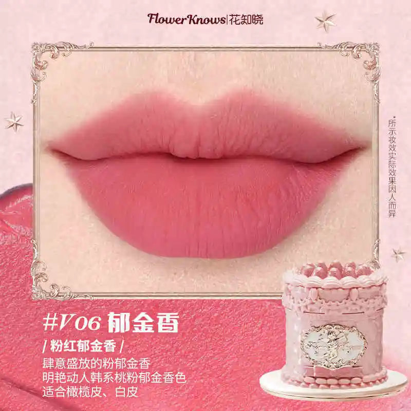 Flower Knows Strawberry Rococo Series Cloud Lip Cream Lip Gloss Long Lasting Velvet Lip Tint Lipstick for Women Cosmetic V06