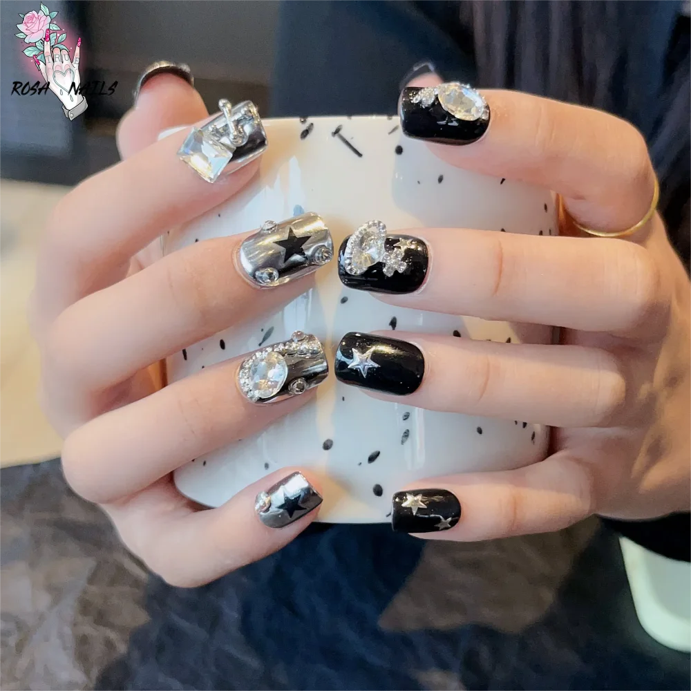 Silver Star Fake Nail Pressons Short Square Clear Rhinestones Punk Tip Saturn Stars False Tips Presson Y2k Black Press on Nails