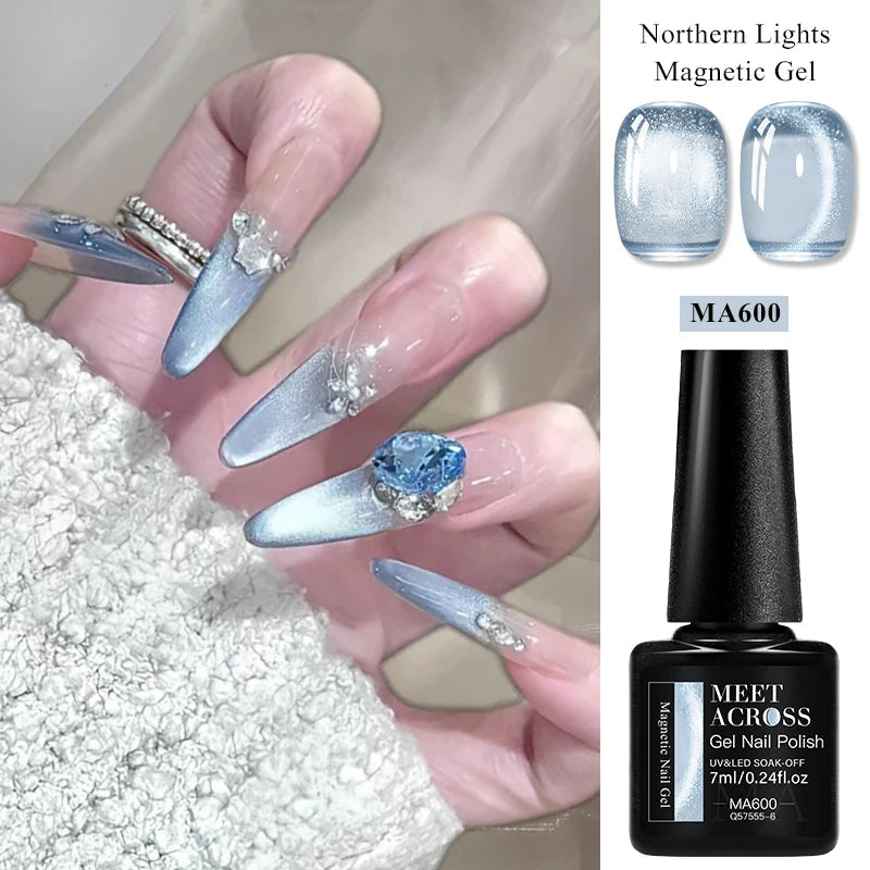 MEET ACROSS 7ml Porcelain White Cat Eye Gel Polish Holographic Glitter Magnetic Galactic Effect Gel Nail Polish Soak Off U...