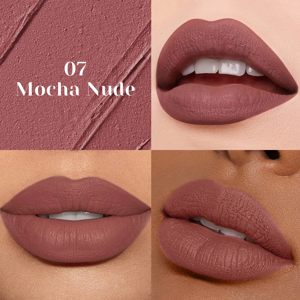 1 pc Stay flawless all day with a smudge-proof, water-resistant matte nude lipstick that won’t fade or transfer. 07