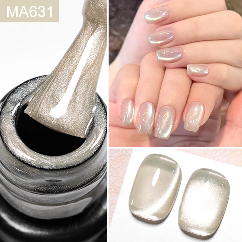 MEET ACROSS 7ml Porcelain White Cat Eye Gel Polish Holographic Glitter Magnetic Galactic Effect Gel Nail Polish Soak Off U...