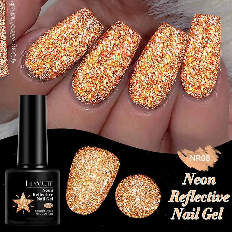LILYCUTE 7ML Neon Reflective Glitter Gel Nail Polish Soak Off Super Shining Champagne Gold UV Gel Polish For Nail Art Mani...
