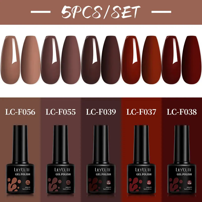 LILYCUTE 5Pcs/Set 7ML Red Brown Nail Gel DIY Nail Art Semi Permanent UV Gel Polish Long Lasting Design Manicure Kit Suppli...