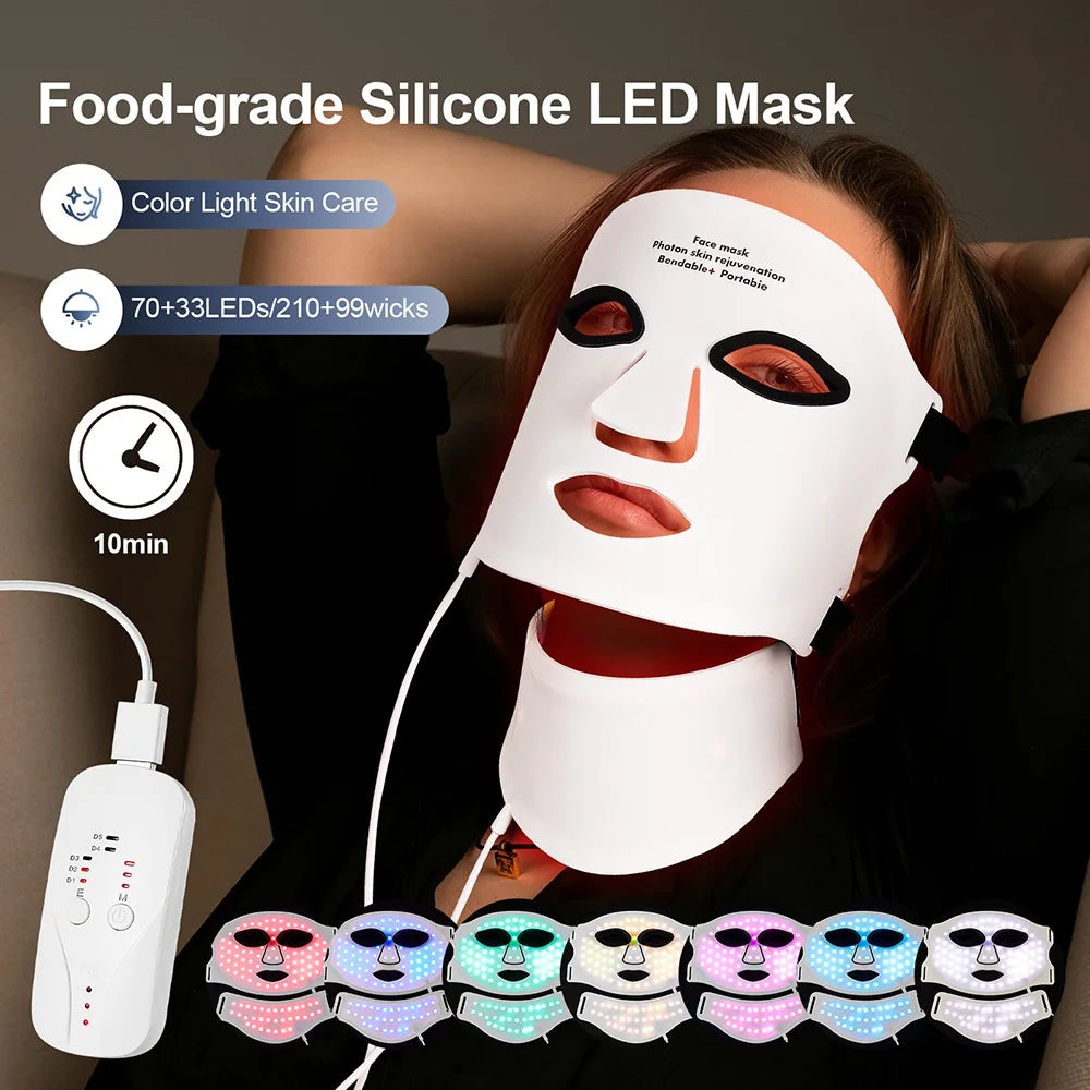 Silicone LED Mask Face With Neck 7 Colors LED Photon Red Light Infrared Therapy Flexible Facial Mask Repair Skin Wireless ...