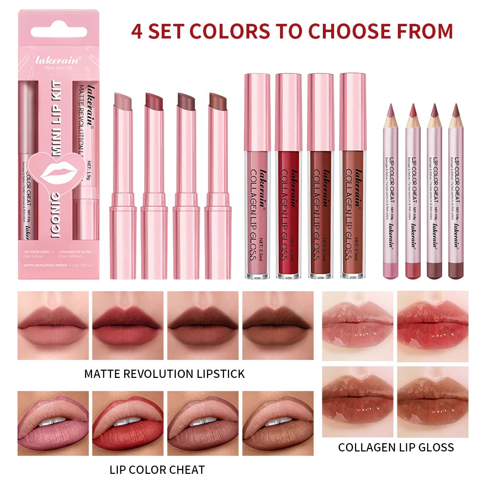 Lipliner&Lipstick Lip Gloss Set 3pcs/set Waterproof Long Lasting Lip Makeup Matte Travel Mini Set Women's Makeup Cosmetics - 