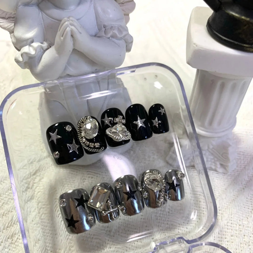 Silver Star Fake Nail Pressons Short Square Clear Rhinestones Punk Tip Saturn Stars False Tips Presson Y2k Black Press on Nails