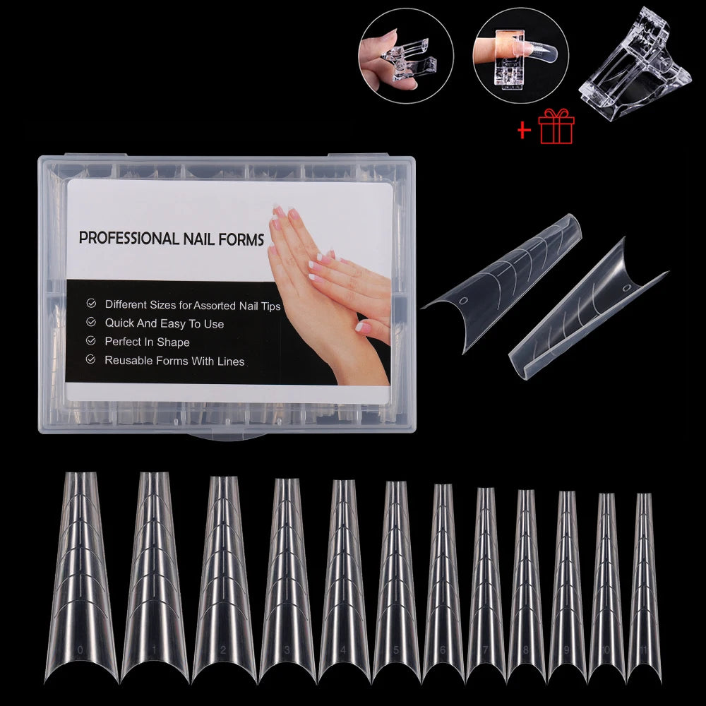 NEW Stiletto Coffin Clear Dual Forms False Tips Quick Building Gel Mold Nail System Full Cover Nail Extension Forms Top M-...