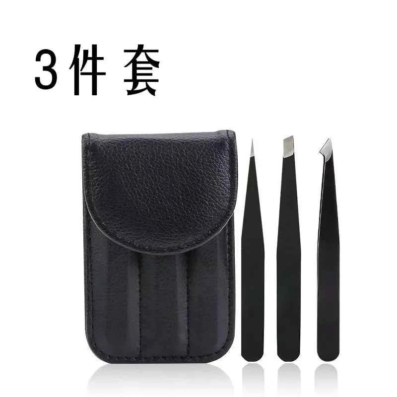 1-4pcs stainless steel eyebrow tweezers, facial hair removal tweezers, makeup eyelashes eye brow clips makeup tool set 3pcs Black x leather