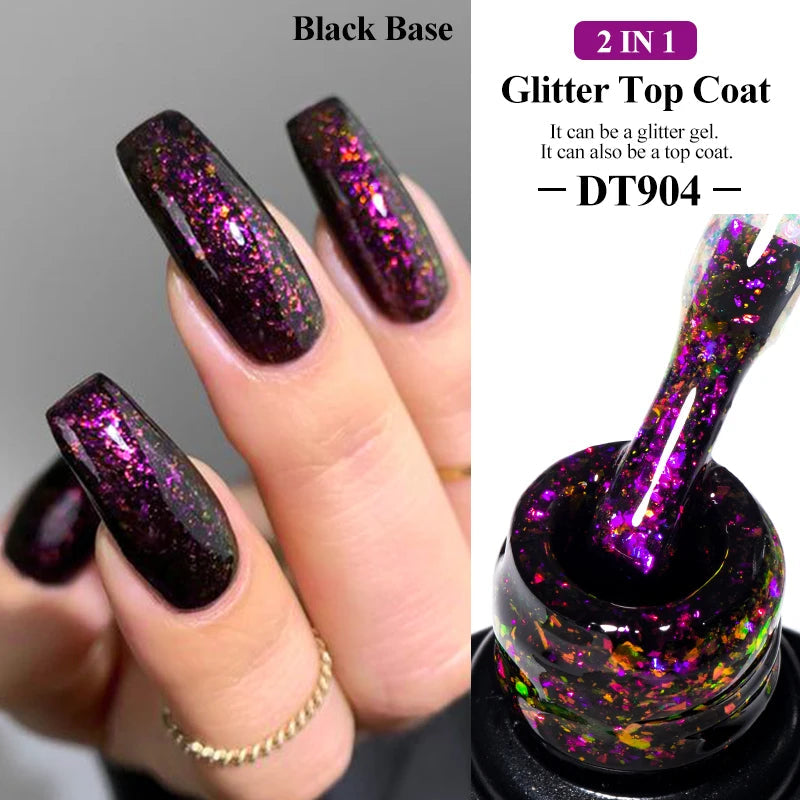MEET ACROSS 7ml Dark Color Glitter Top Coat Gel For Nails Brocade Powder 2 In 1 Chameleon Nail Art Gel Varnish Manicure Q5...