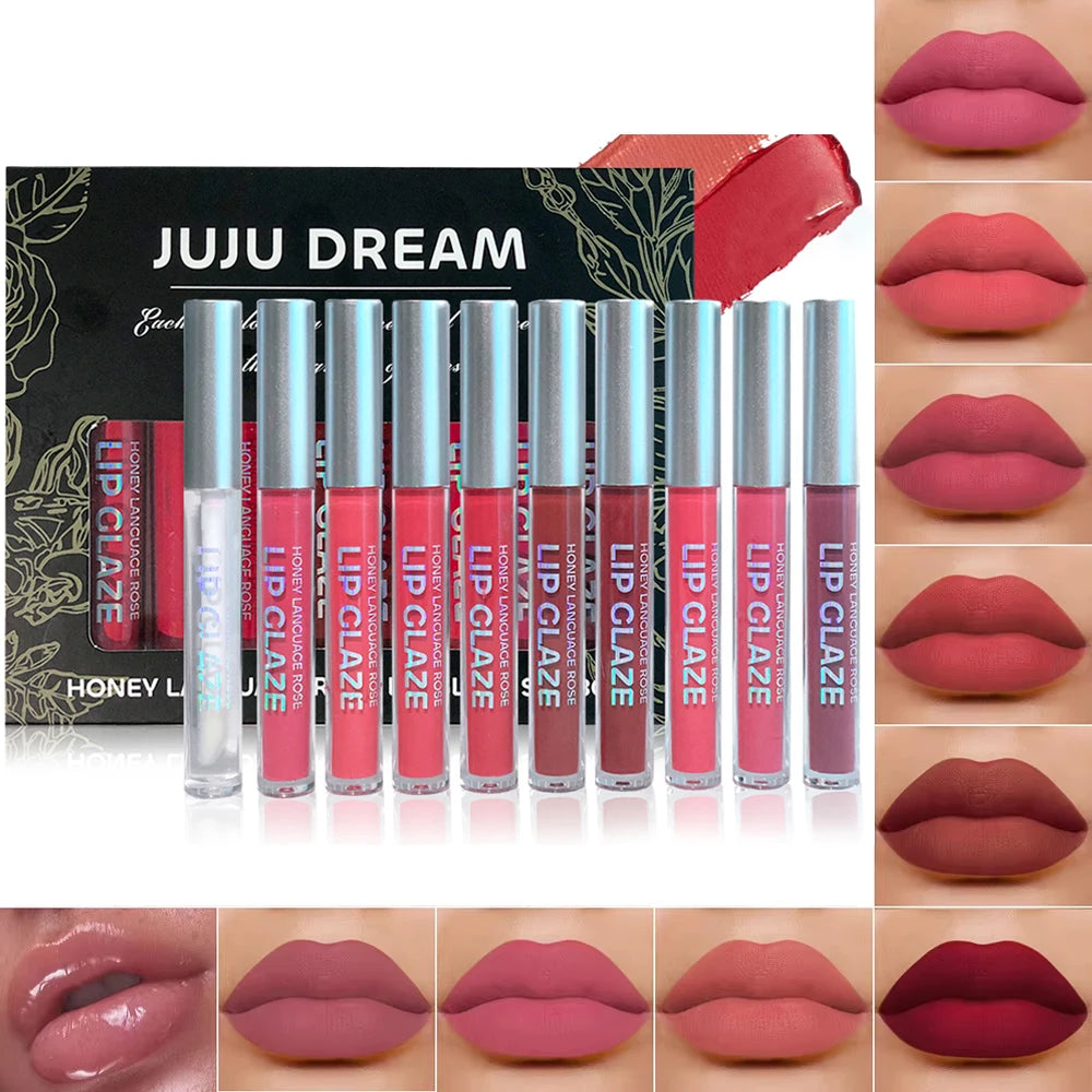 10 pcs/set Nude Lip Gloss Matte Velvet Lipstick - Matte Finish & Long-Lasting，Velvet Lip Gloss Gift Box, Halloween Stage Makeup Aurora Glow Avenue