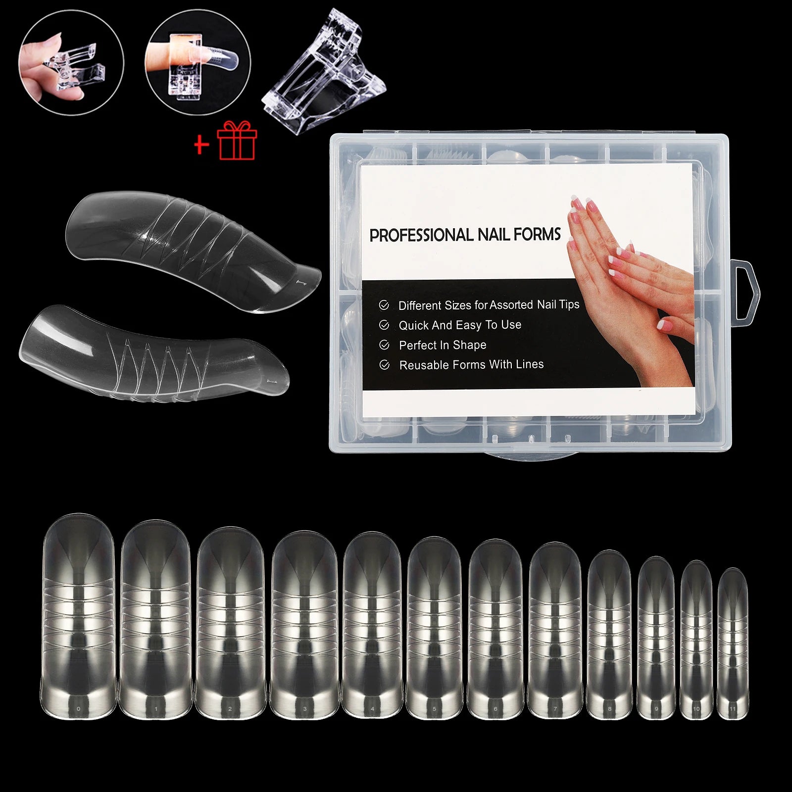 NEW Stiletto Coffin Clear Dual Forms False Tips Quick Building Gel Mold Nail System Full Cover Nail Extension Forms Top C-140PCS-box