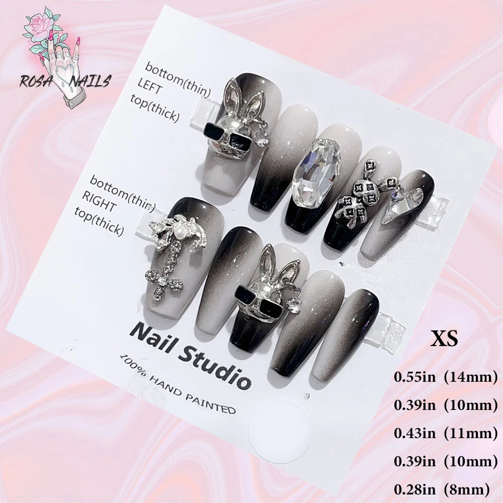 Silver Star Fake Nail Pressons Short Square Clear Rhinestones Punk Tip Saturn Stars False Tips Presson Y2k Black Press on Nails XS (No.24341)