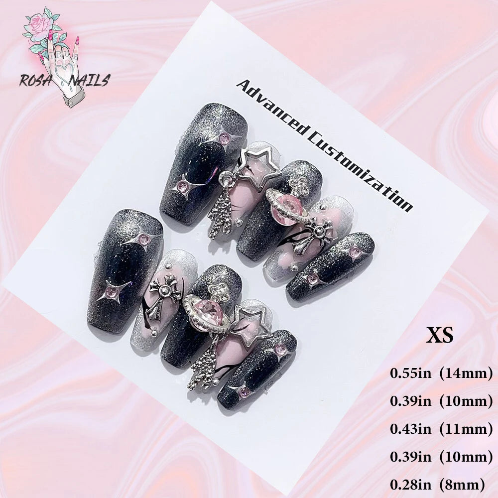 Silver Star Fake Nail Pressons Short Square Clear Rhinestones Punk Tip Saturn Stars False Tips Presson Y2k Black Press on ...