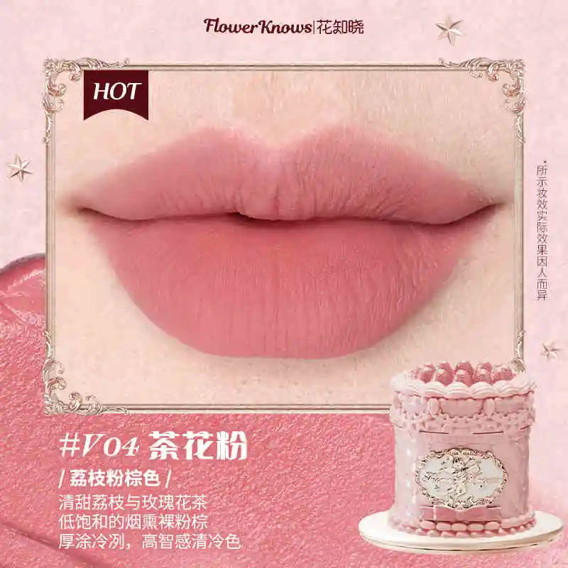 Flower Knows Strawberry Rococo Series Cloud Lip Cream Lip Gloss Long Lasting Velvet Lip Tint Lipstick for Women Cosmetic V04