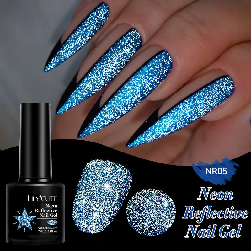LILYCUTE 7ML Neon Reflective Glitter Gel Nail Polish Soak Off Super Shining Champagne Gold UV Gel Polish For Nail Art Mani...