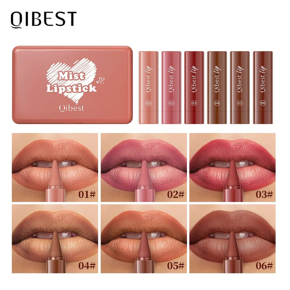 QIBEST 6PCS Lasting Matte Lipstick Pencil Set Twist-Up Velvet Matte Lip Stick Pen Smooth Pink Red Lipliner Lips Crayon Makeup