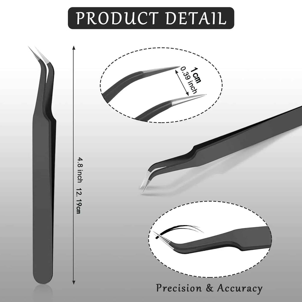 1/9Pcs Curved Tip Eyelash Extension Tweezers, Stainless Steel Curved Tip Tweezers Pointed Tip Tweezers with Protective Cover Black 1 Pcs