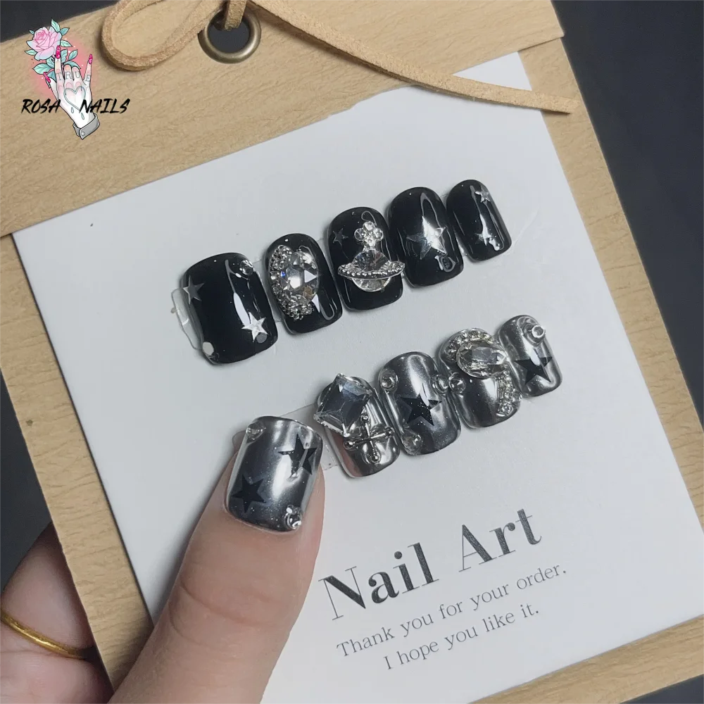 Silver Star Fake Nail Pressons Short Square Clear Rhinestones Punk Tip Saturn Stars False Tips Presson Y2k Black Press on ...
