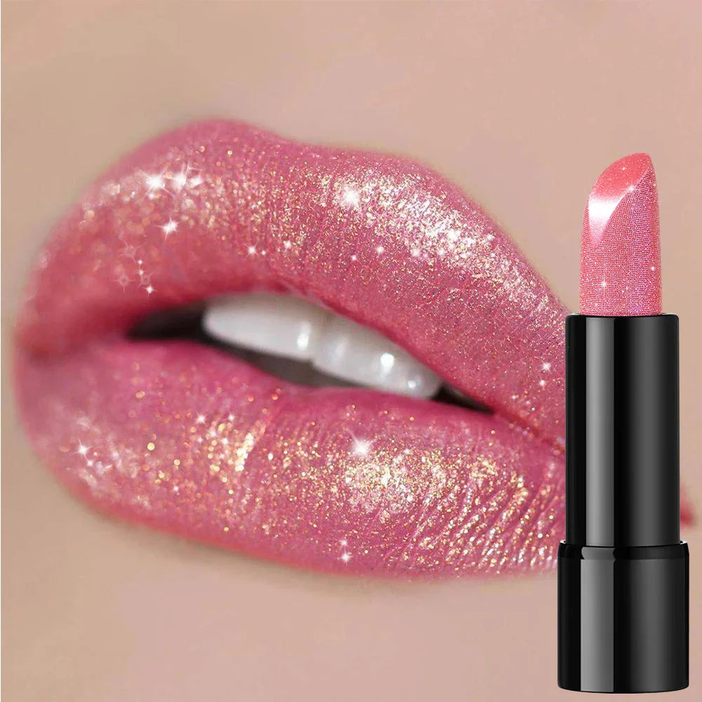 1 PC Glitter Lipstick, a pressable pearlescent lipstick, is very shiny like crushed diamond particles, smooth and long-lasting, Aurora Glow Avenue