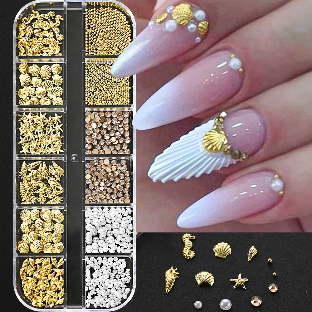 1000Pcs-12grids 3D Gold Silver Star/Cross Nail Rivet Studs Alloy Metallic Starlight Nail Charms Y2K 3d Cross/Star Manicure Rivet.