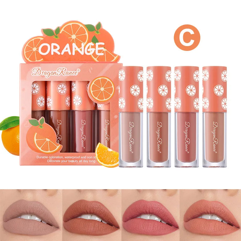 Mini Velvet Matte Lip Gloss Set, 4-Piece Non-Fading, Non-Stick Cup, Long-Lasting Fruit Scented Lip Tint, Smooth and Lightw...