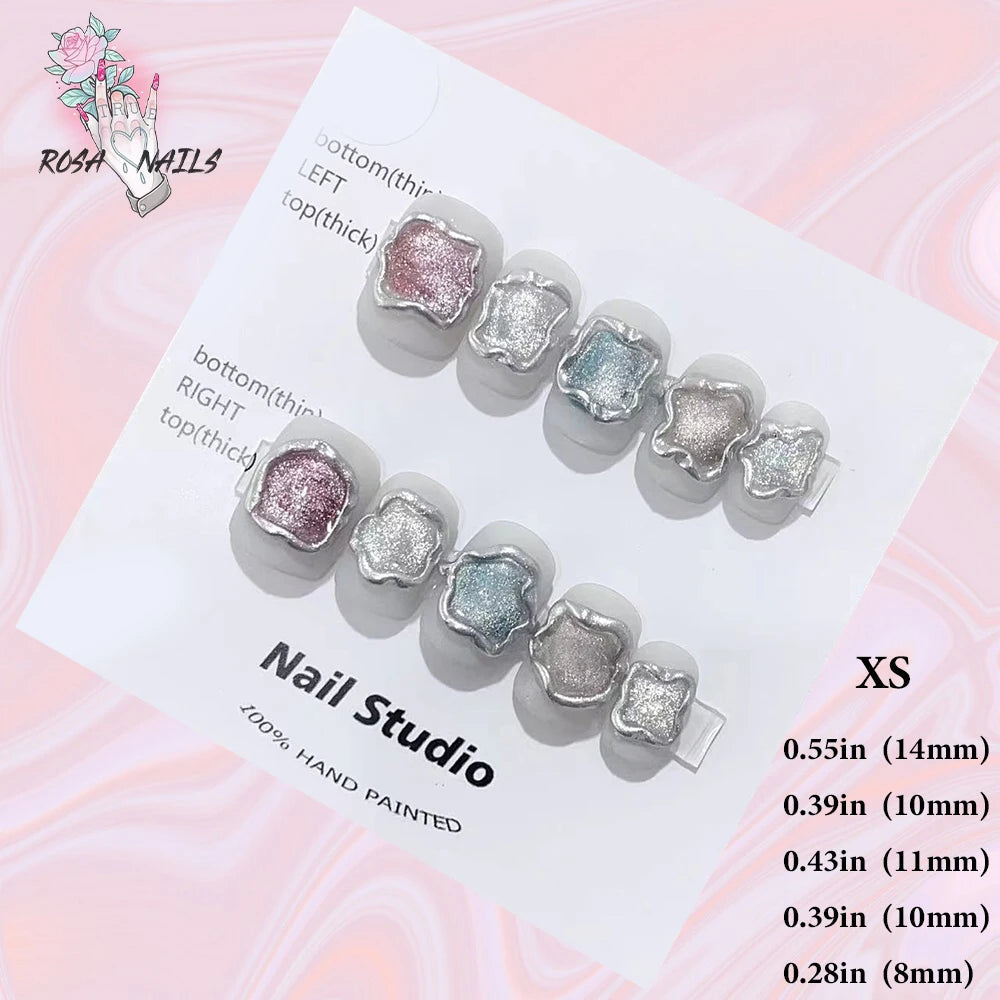 Silver Star Fake Nail Pressons Short Square Clear Rhinestones Punk Tip Saturn Stars False Tips Presson Y2k Black Press on Nails XS (No.24285)