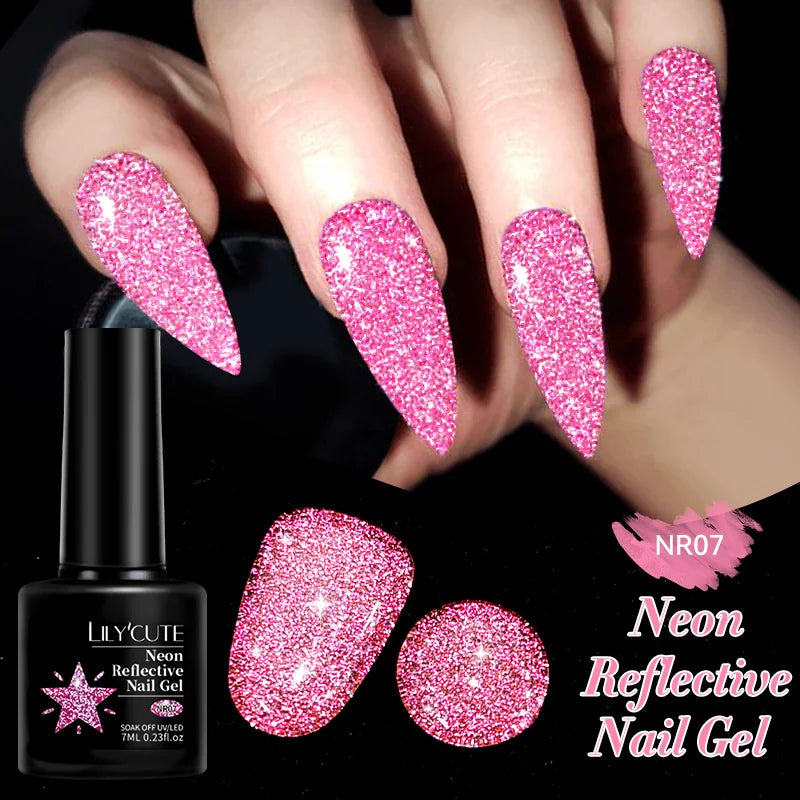 LILYCUTE 7ML Neon Reflective Glitter Gel Nail Polish Soak Off Super Shining Champagne Gold UV Gel Polish For Nail Art Mani...