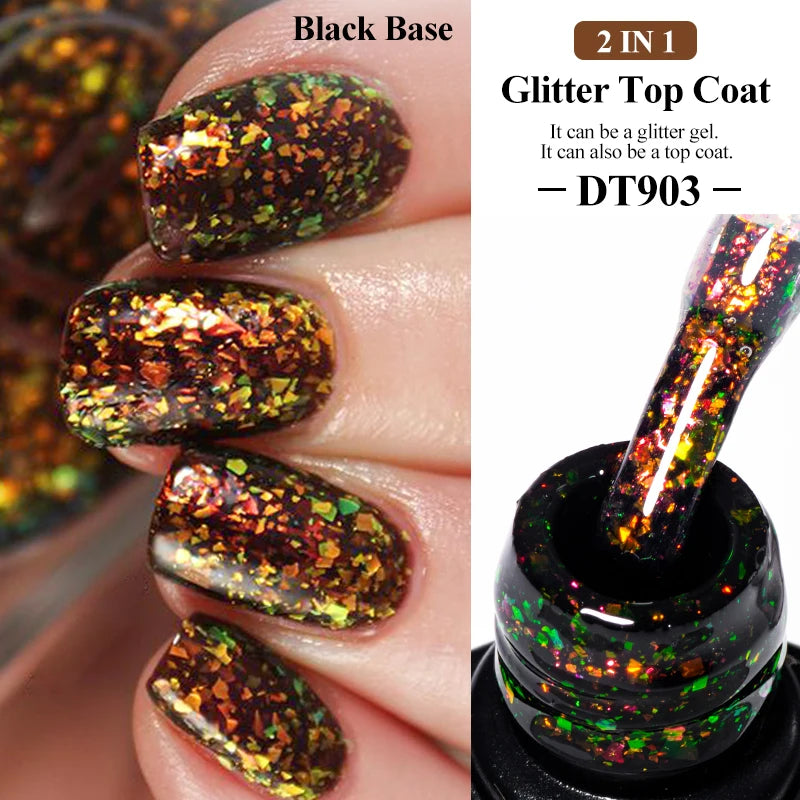 MEET ACROSS 7ml Dark Color Glitter Top Coat Gel For Nails Brocade Powder 2 In 1 Chameleon Nail Art Gel Varnish Manicure Q5...