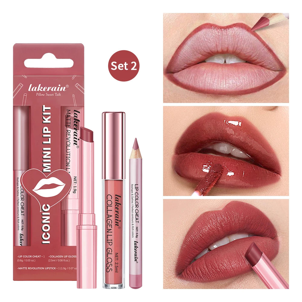 Lipliner&Lipstick Lip Gloss Set 3pcs/set Waterproof Long Lasting Lip Makeup Matte Travel Mini Set Women's Makeup Cosmetics - 