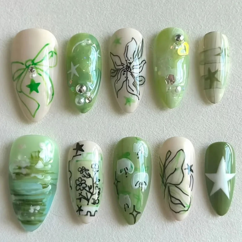 New 10pcs Handmade Press on Nails Art Green Almond False Nail Tip Ocean Butterfly Flower Design Fake Nail Set Manicure for...