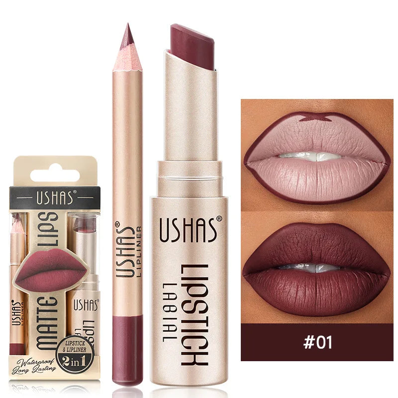 USHAS 12 Color Lip Liner + LIPSTICK Set Easy Coloring Matte Lipstick Long lasting nude red lipstick CZ0246-01