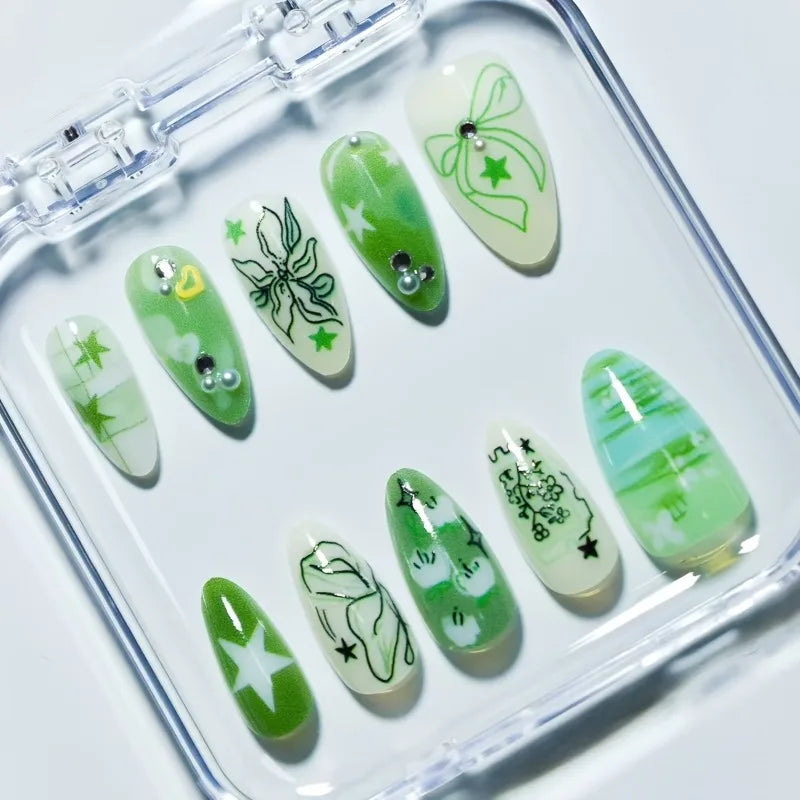 New 10pcs Handmade Press on Nails Art Green Almond False Nail Tip Ocean Butterfly Flower Design Fake Nail Set Manicure for Girls