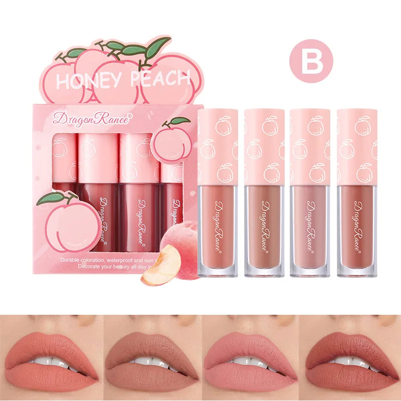 Mini Velvet Matte Lip Gloss Set, 4-Piece Non-Fading, Non-Stick Cup, Long-Lasting Fruit Scented Lip Tint, Smooth and Lightw...