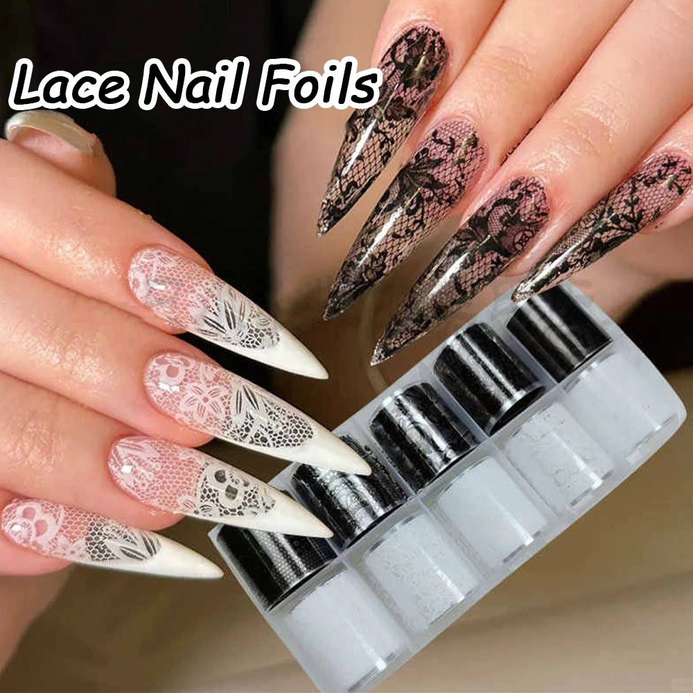 10 Rolls 2.5*50cm Sexy Lace Nail Foils Black White Transfer Paper Nail Art Stickers Stripe Lace Manicure Decals Nail Decorations Aurora Glow Avenue