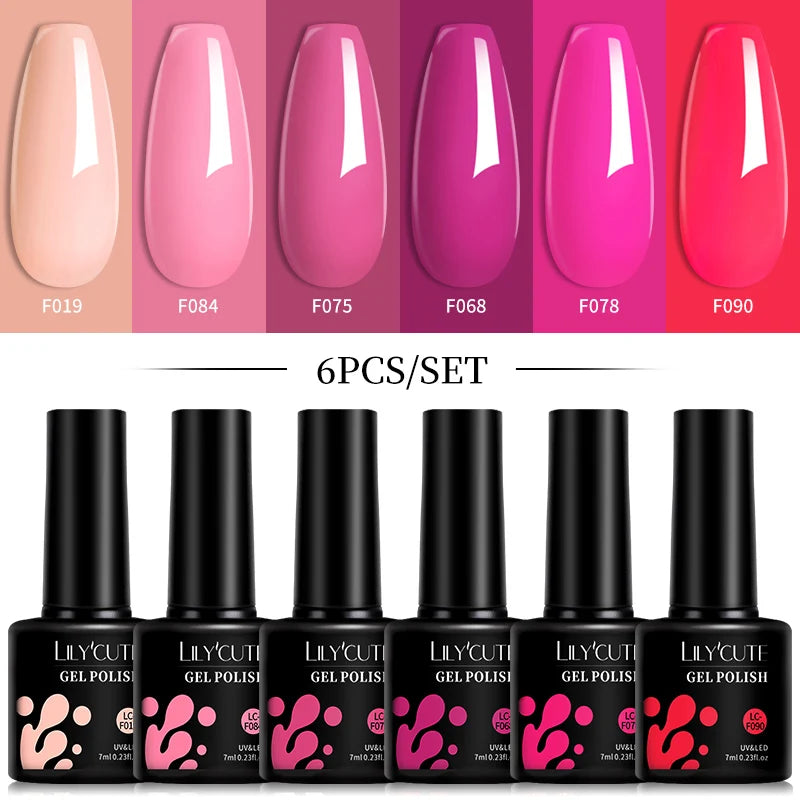 LILYCUTE 6Pcs/Set 7ML Gel DIY Nail Polish Bright Pink Semi Permanent Soak Off UV LED Gel Varnish Nail Art Design Manicure ...