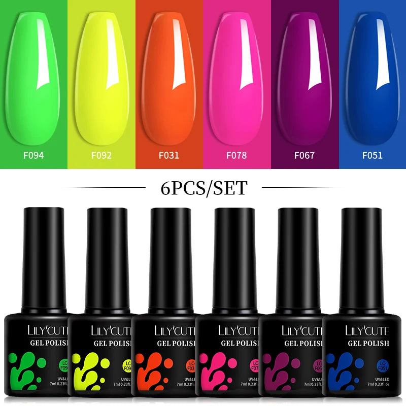 LILYCUTE 6Pcs/Set 7ML Gel DIY Nail Polish Bright Pink Semi Permanent Soak Off UV LED Gel Varnish Nail Art Design Manicure ...