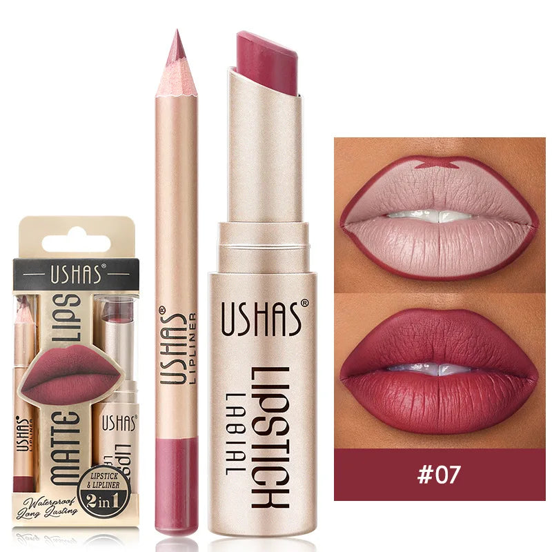 USHAS 12 Color Lip Liner + LIPSTICK Set Easy Coloring Matte Lipstick Long lasting nude red lipstick CZ0246-07