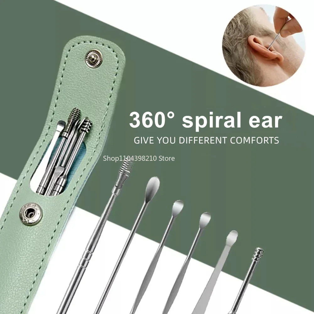 6pcs Stainless Steel Ear Wax Removal Tool Set Spiral Rotating EarPicking Spoon Ear Picker Spoon For Cleaning Collecting Ear Wax - Aurora Glow Avenue