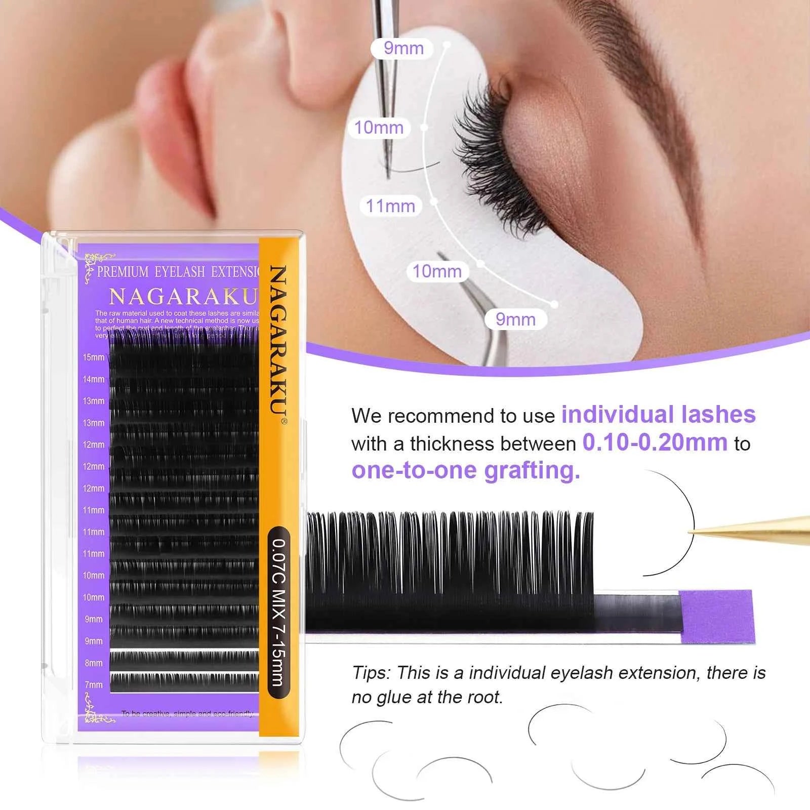 NAGARAKU 16Rows Faux Cils Lashes Individual Eyelash Extension Matte Professional Soft and Natural Makeup Premium Eyelashes - 
